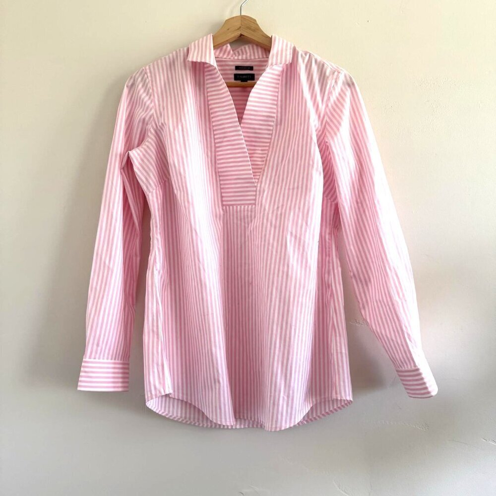 Talbots non-iron striped blouse size 2 long sleeve V-neck shirt office classic